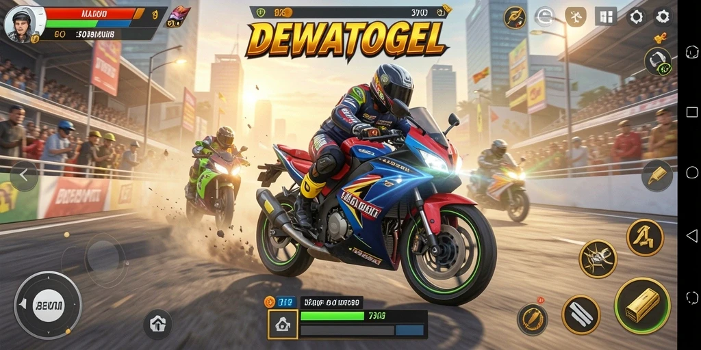 Screenshot gameplay DEWATOGEL menampilkan balapan motor yang mendebarkan.