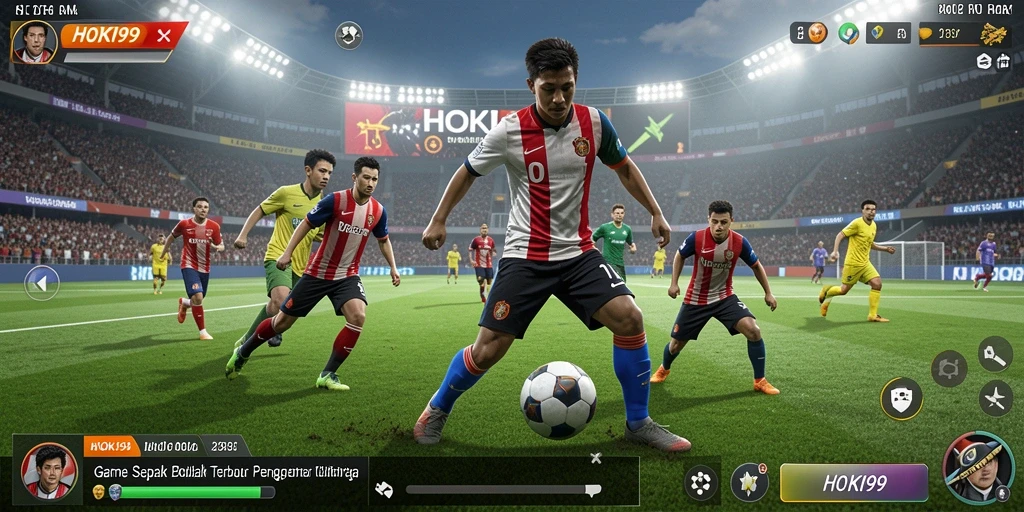 Tampilan gameplay HOKI99 dengan aksi sepak bola yang mendebarkan.