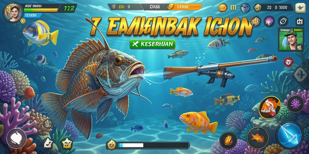 Gameplay seru IDX66 dengan berbagai ikan dan senjata.