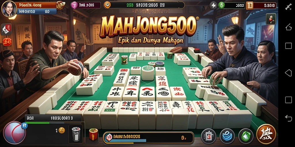 Tampilan gameplay MAHJONG500 yang menampilkan pertarungan seru dan karakter unik.